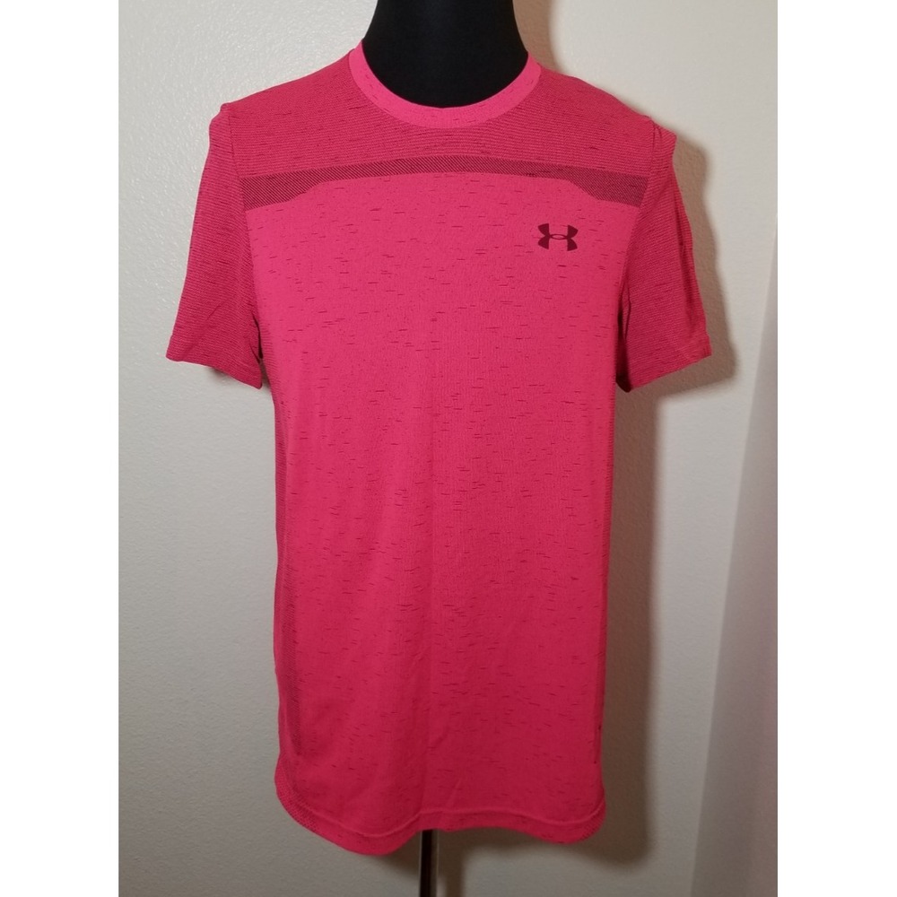 Under Armour Mens Medium Pink Short Sleeve Shirt Activewear Athletic Gym Workout